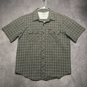 Orvis Mens Gray Plaid Shirt size Large Short Sleeve Button Up 2 Pocket 100% Poly